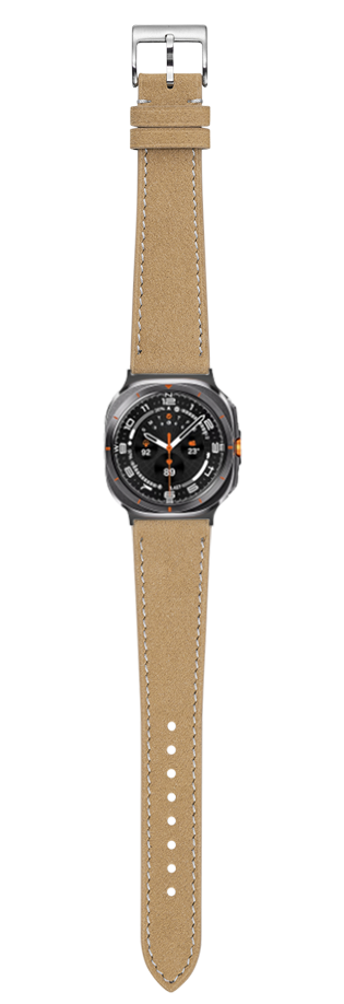 Brown alcantara leather watch strap with white stitching, stainless steel buckle, and black analog sports watch face with orange accents