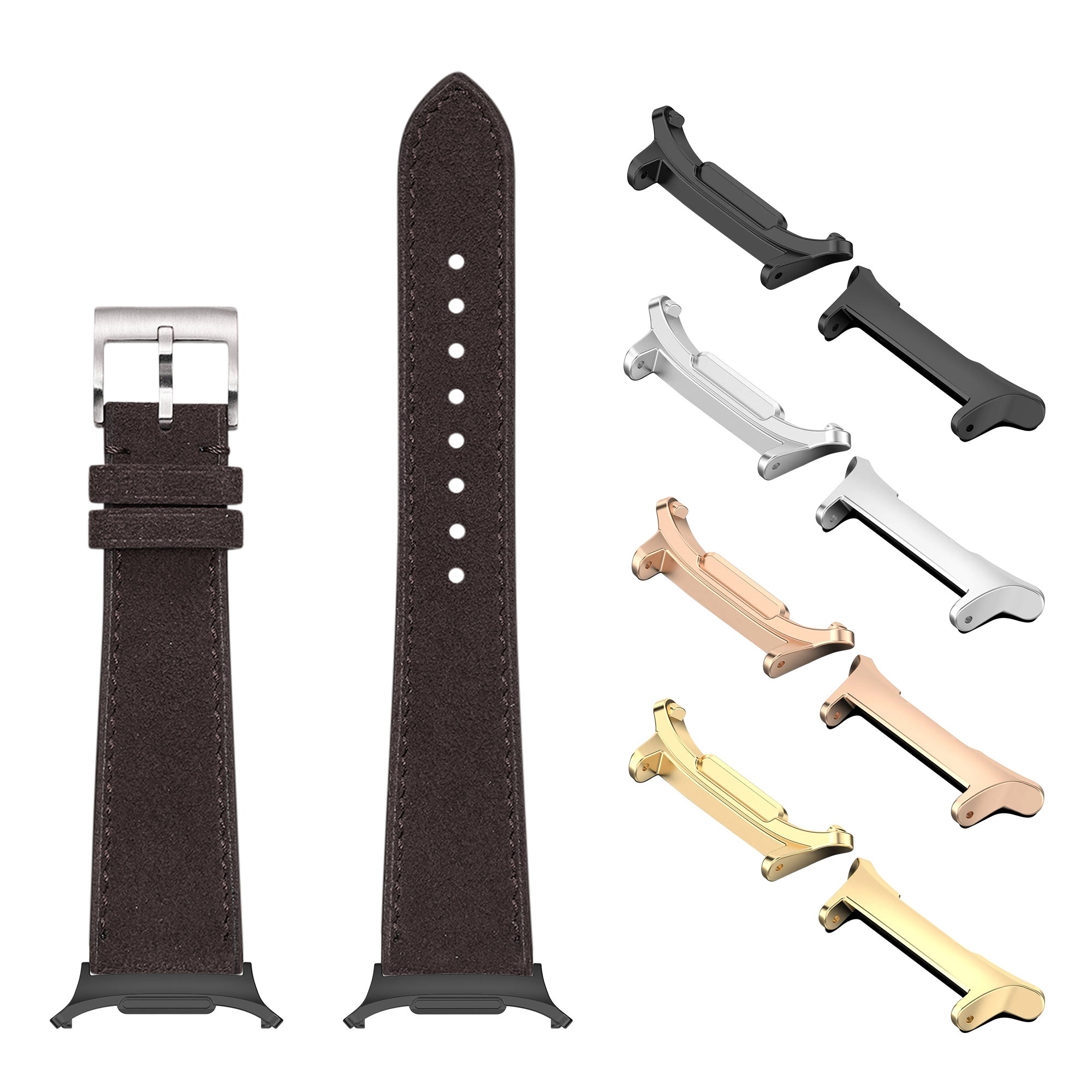 Dark brown Alcantara leather watch band with silver buckle and interchangeable metal lugs in multiple finishes for Galaxy Watch 8 Ultra