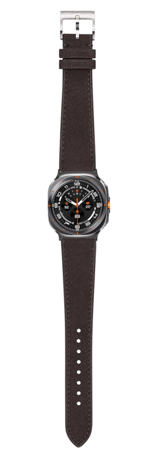 Dark brown Alcantara leather watch band with stainless steel buckle on smartwatch with black dial and orange accents