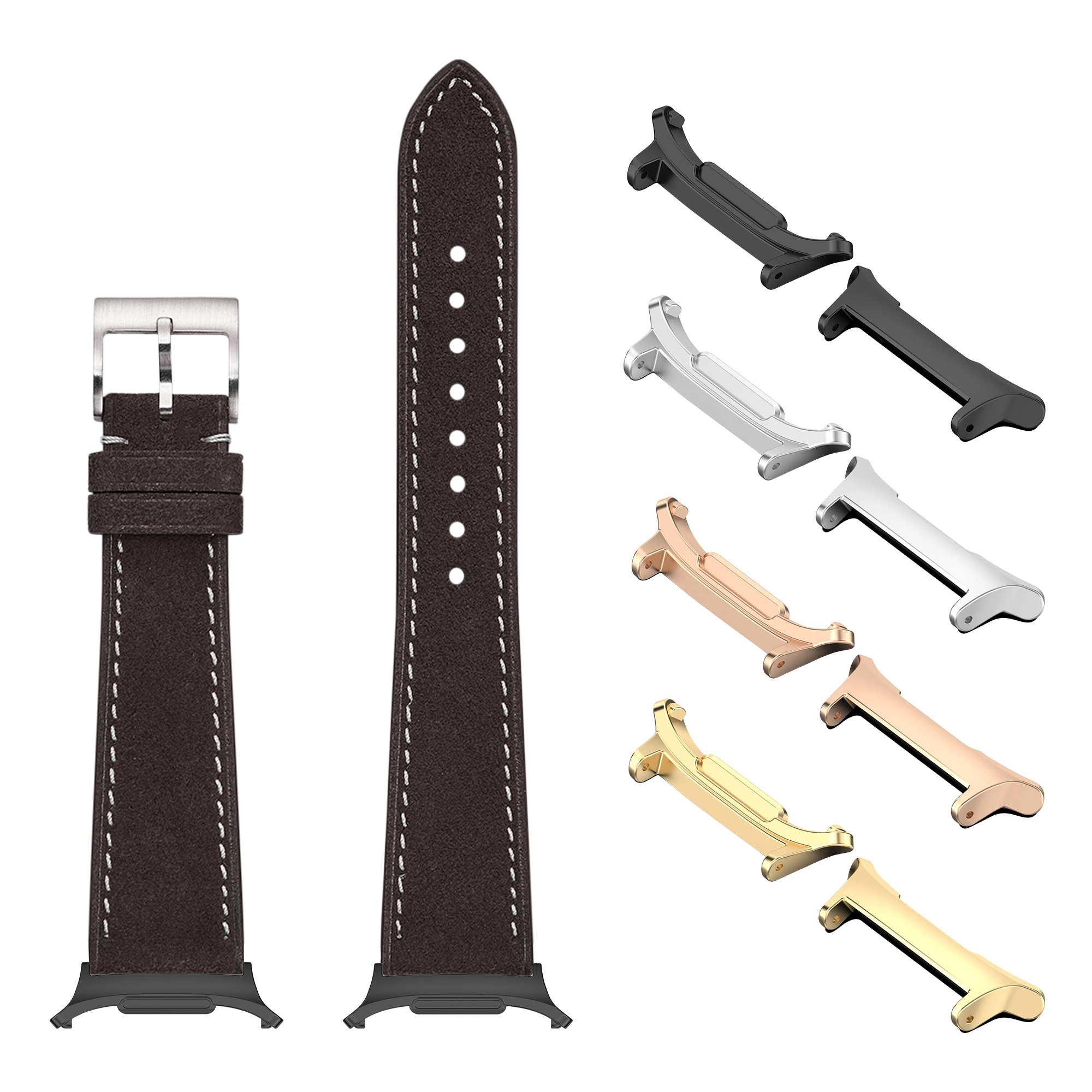Dark brown Alcantara leather watch band with white stitching, silver buckle, and interchangeable metal lugs in multiple finishes for Galaxy Watch 8 Ultra