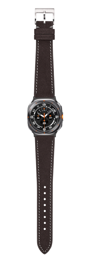 Black leather watch with white stitching, dark round dial with orange accents and metal case