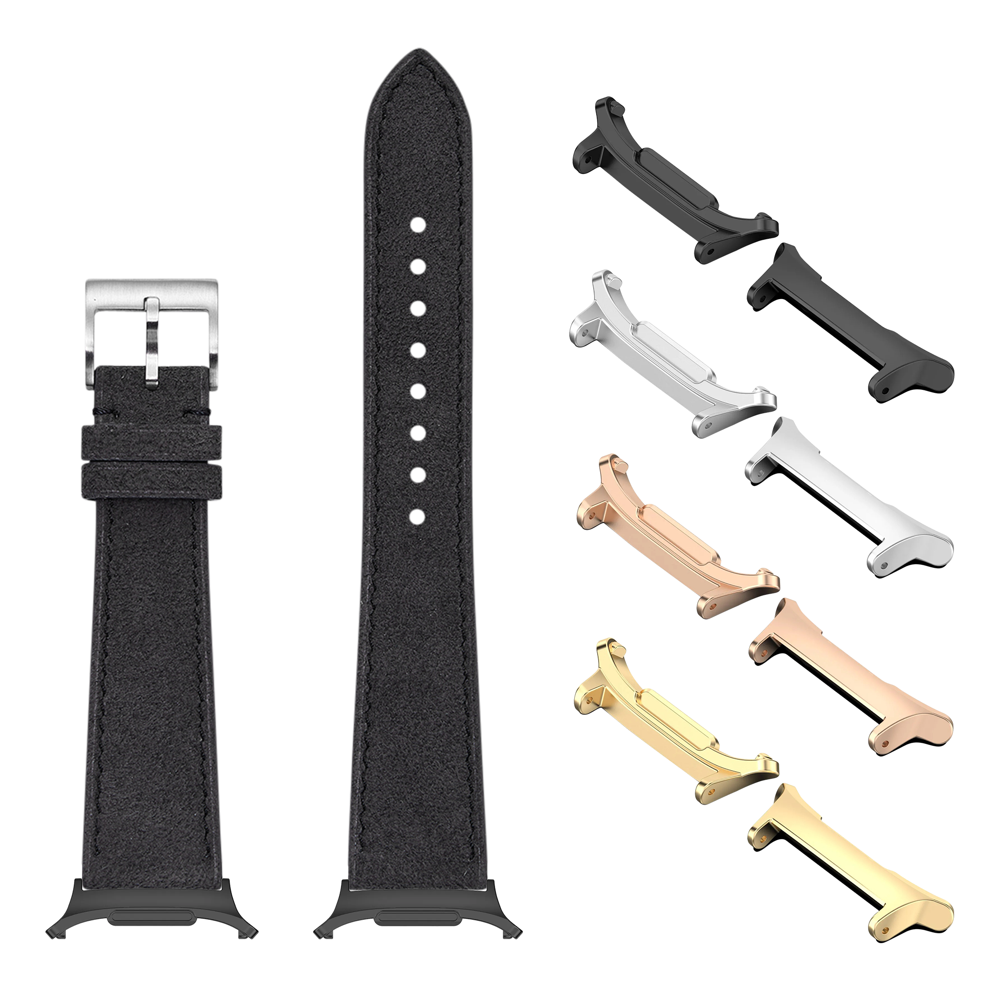 Dark grey alcantara leather watch band with silver buckle, interchangeable metal lugs in black, silver, rose gold and gold finishes for Galaxy Watch