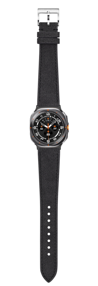 Dark grey Alcantara leather watch band with metal buckle and black dial sports watch featuring orange accents
