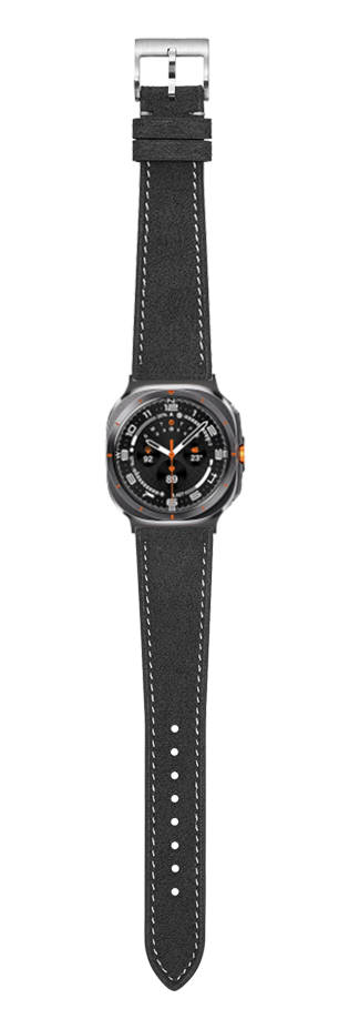 Dark grey Alcantara leather watch band with white stitching and metal buckle, displayed on analog watch with black dial and orange accents