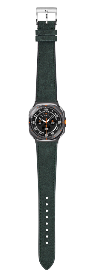 Black sport watch with forest green Alcantara leather strap and orange accents, displayed against white background