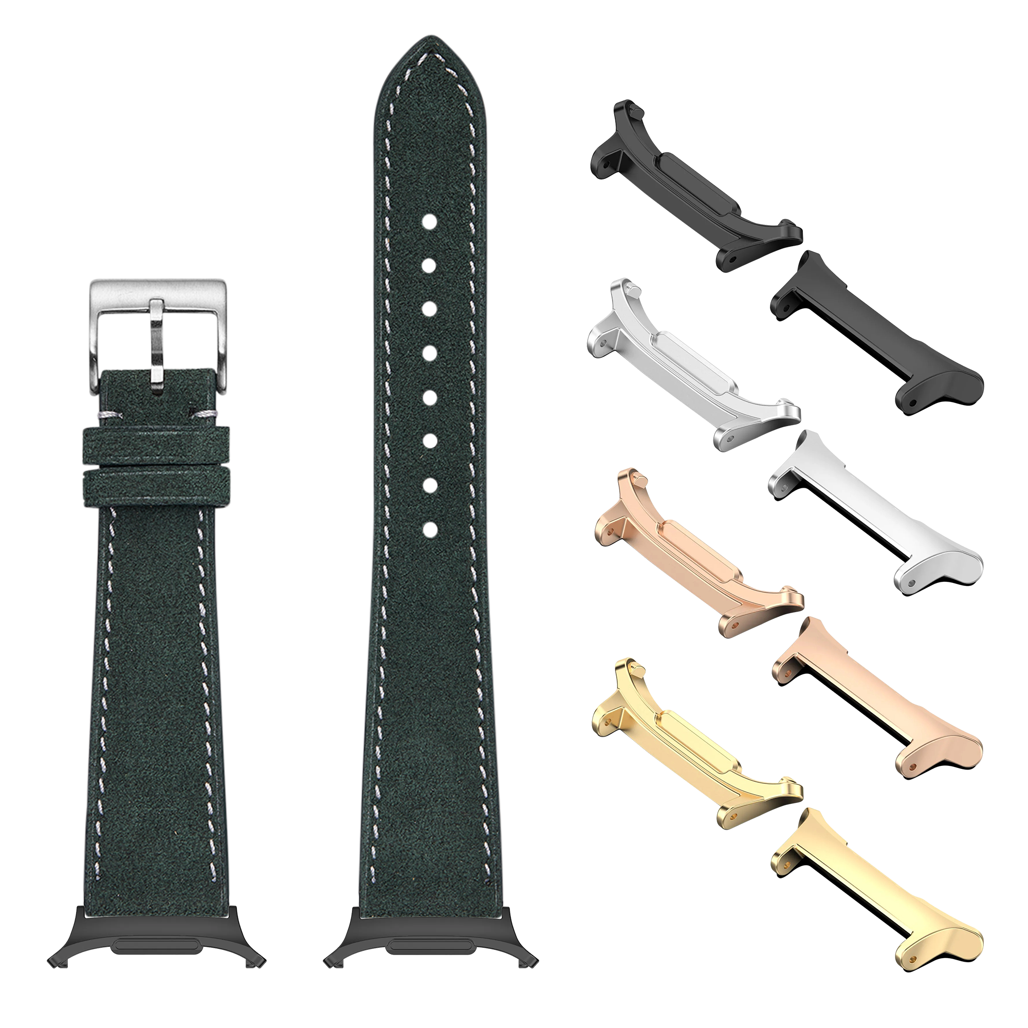 Green Alcantara leather Galaxy Watch band with white stitching, silver buckle, and interchangeable metal lugs in black, silver, rose gold and gold finishes