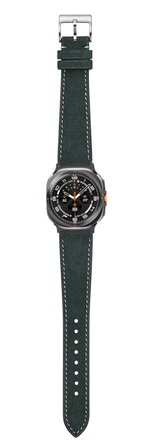 Green alcantara leather watch band with white stitching and silver buckle for Galaxy Watch 8 Ultra smartwatch