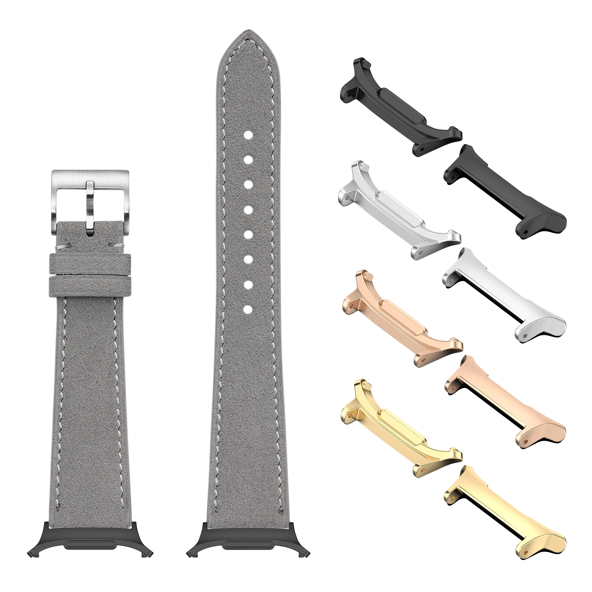 Grey alcantara leather smartwatch band with white stitching, metal buckle, and interchangeable lugs in black, silver, rose gold, and gold finishes