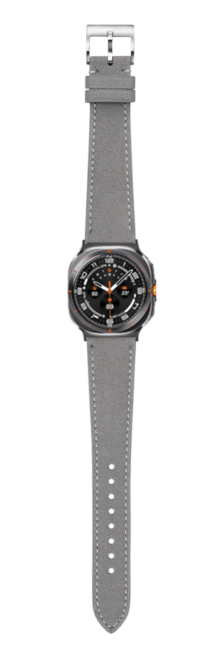 Grey Alcantara leather watch band with white stitching and silver buckle for Galaxy Watch 8 Ultra