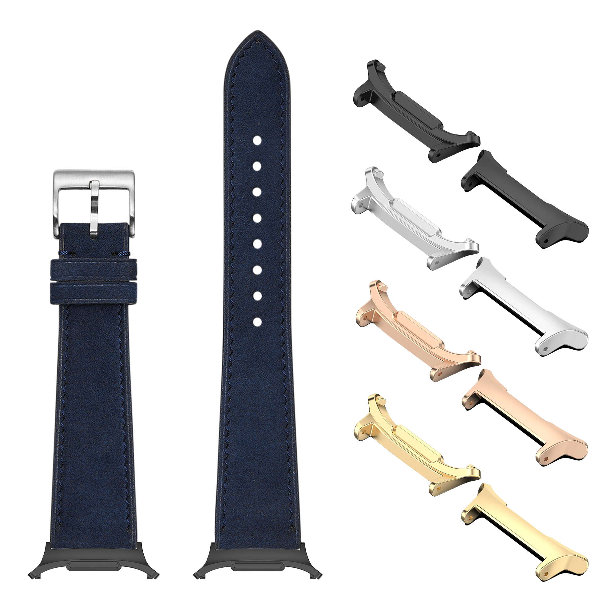 Navy blue Alcantara leather watch band with silver buckle and interchangeable metal lugs in black, silver, rose gold, and gold finishes for Galaxy Watch 8 Ultra