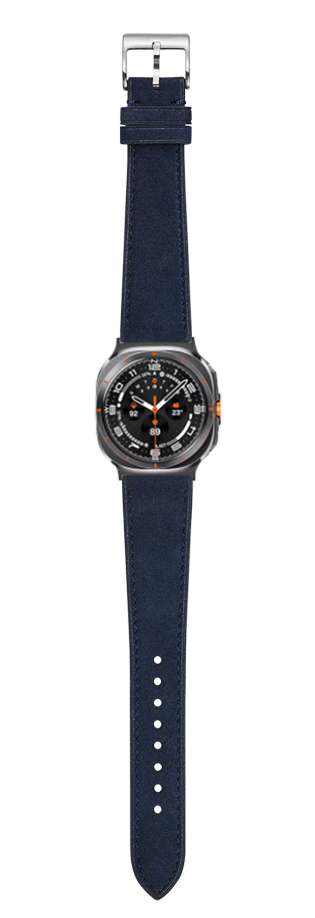 Navy blue Alcantara leather watch band with silver buckle and black sport watch face with orange accents