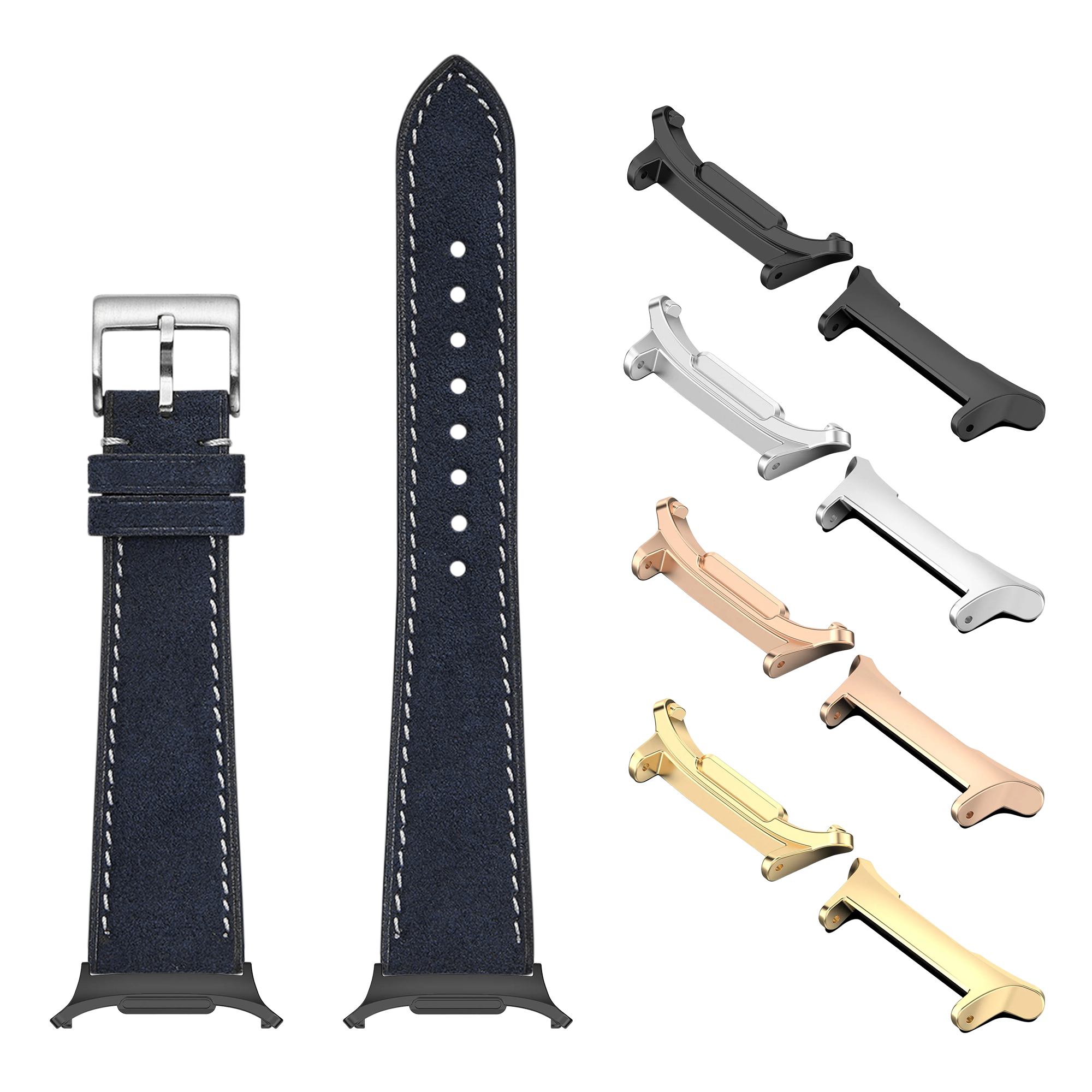 Navy blue Alcantara leather watch band with white stitching, silver buckle, and interchangeable metal case adapters in black, silver, rose gold, and gold finishes