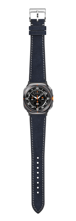 Navy blue Alcantara leather watch strap with white stitching and gray case sports watch with black dial