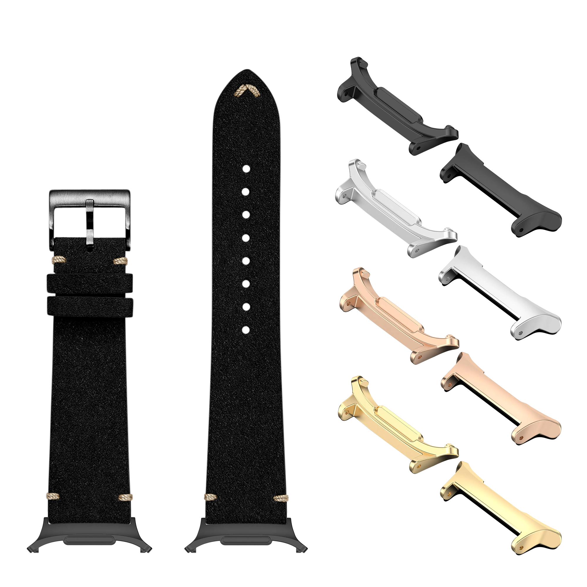 Black Alcantara leather watch band with metal buckle, interchangeable lugs in multiple finishes, and matching watch case shown