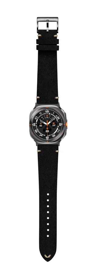 Black Alcantara leather vintage watch band with brushed metal case and orange accents on black dial