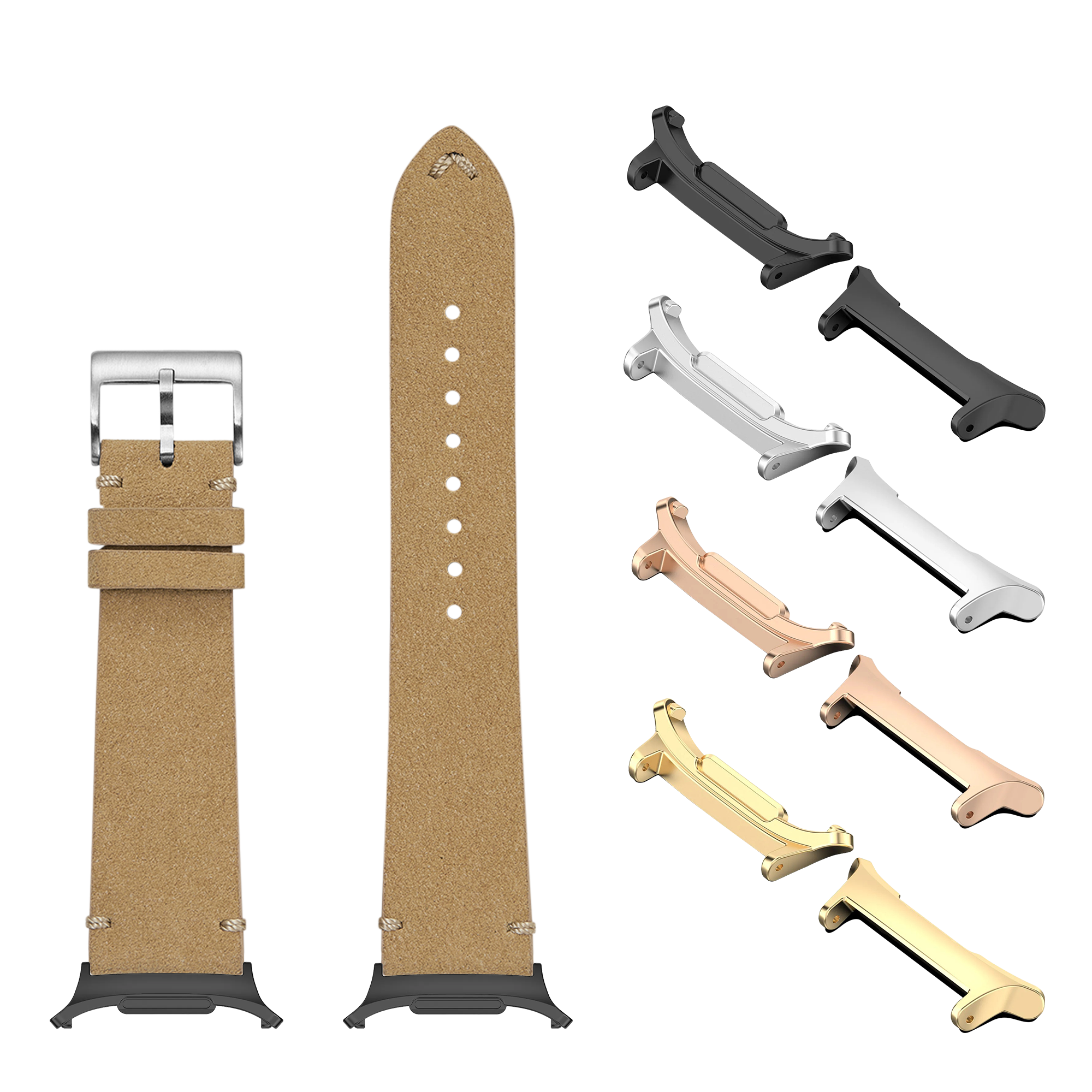 Tan Alcantara leather watch band with interchangeable metal lugs in multiple finishes including black, silver, rose gold, and gold