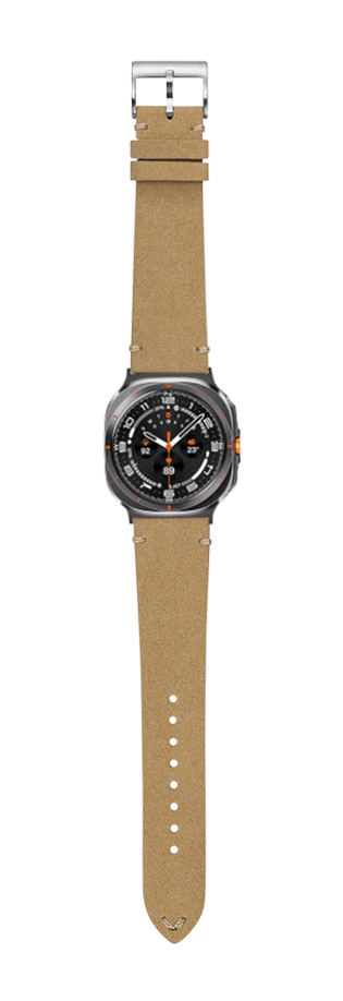 Tan Alcantara leather watch band with stainless steel buckle and black analog dial smartwatch featuring orange accents
