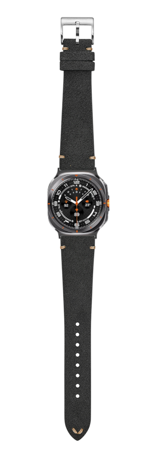 Dark grey Alcantara leather watch band with vintage style buckle and rose gold accents on black sports watch face