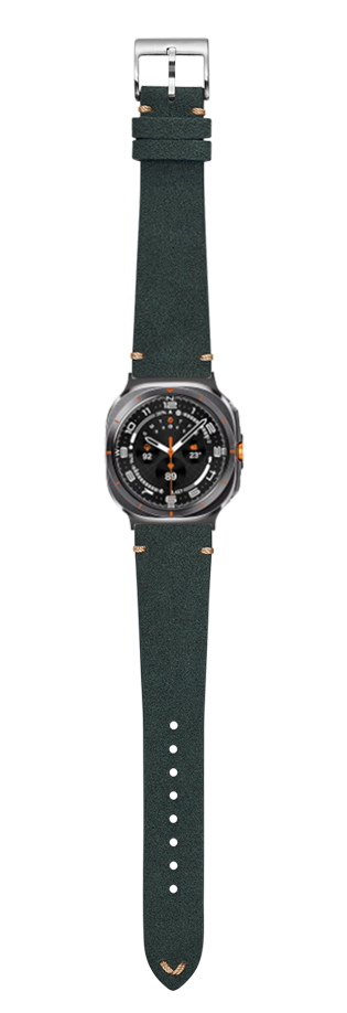 Forest green Alcantara leather watch band with silver buckle and black dial watch featuring orange accents