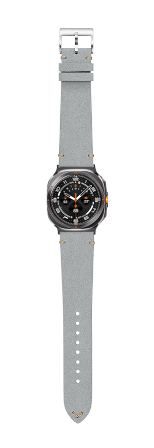 Grey alcantara leather vintage watch band for Galaxy Watch with black dial and orange accents