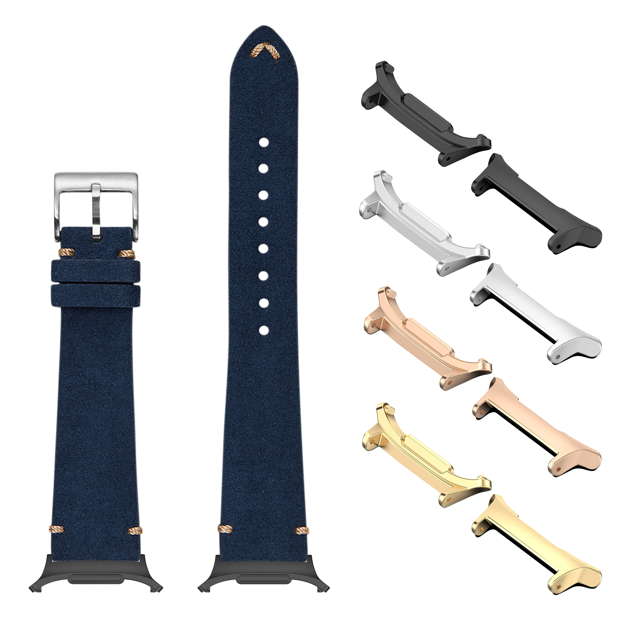 Navy blue Alcantara leather watch band with silver buckle and interchangeable metal lugs in multiple finishes for Galaxy Watch 8 Ultra
