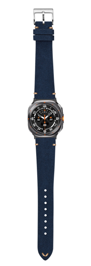 Navy blue Alcantara leather watch band with silver buckle and black dial vintage-style smartwatch