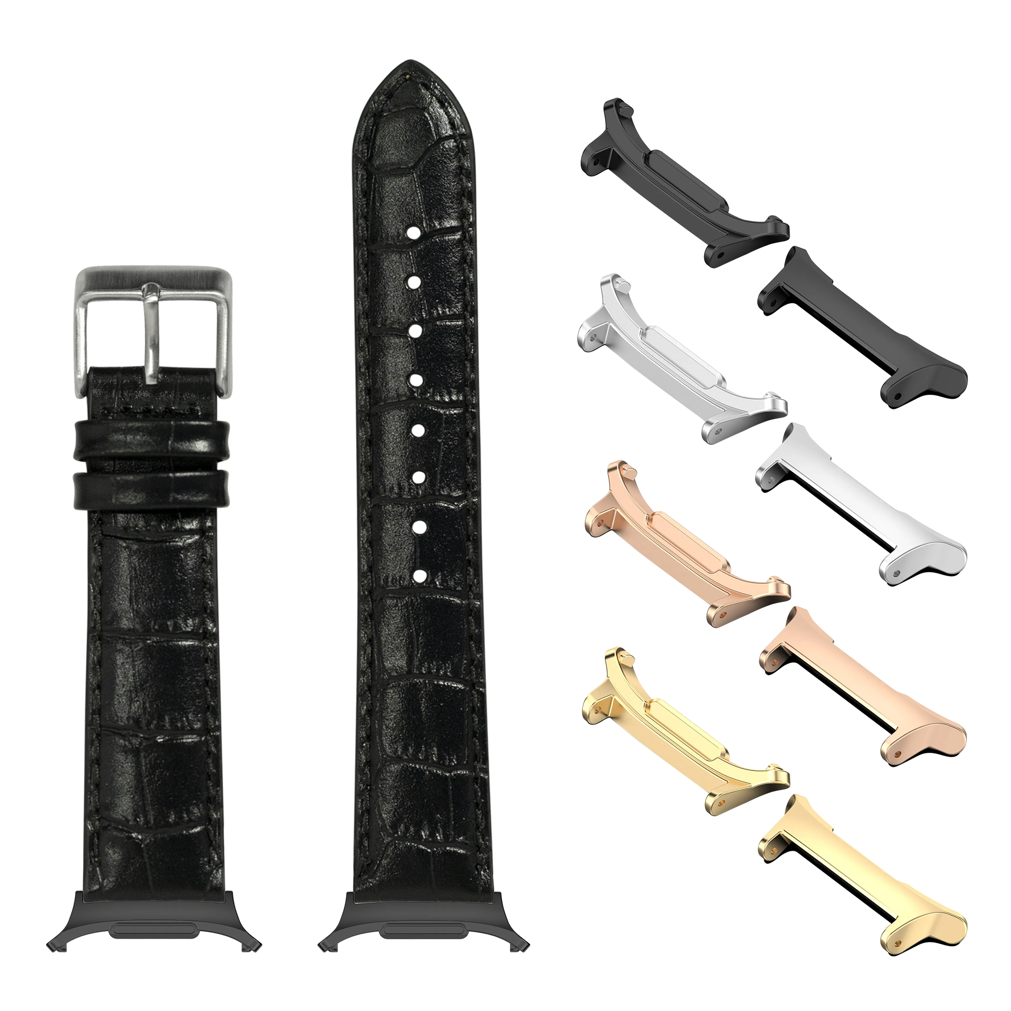 Black alligator leather watch band with silver buckle and interchangeable metal lugs in gold, rose gold, silver and black finishes