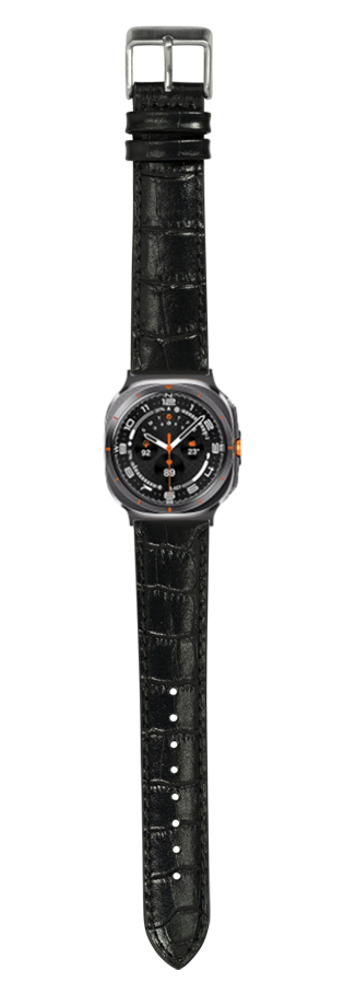 Black alligator leather watch band with stainless steel buckle and black dial sports watch featuring orange accents