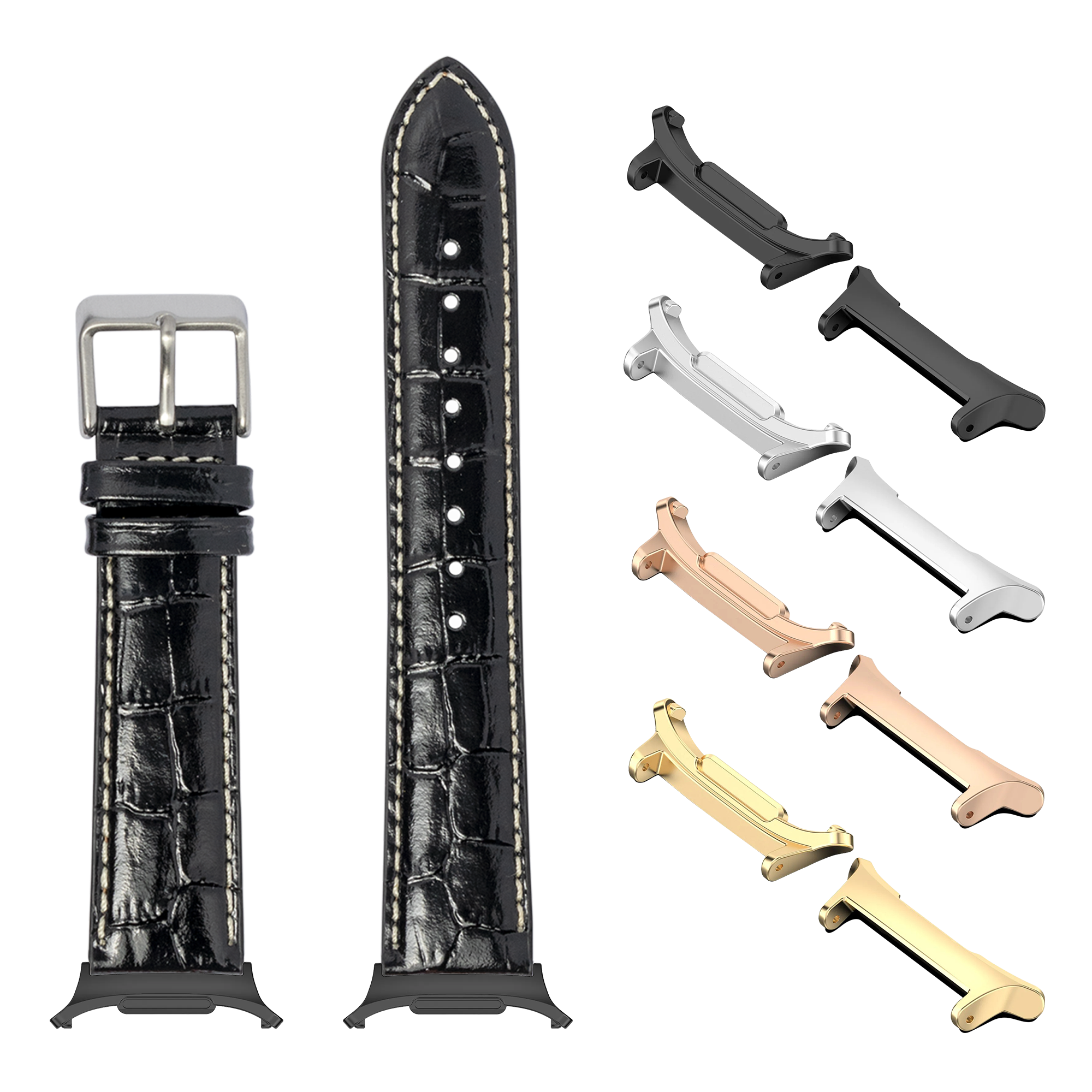 Black alligator leather watch band with white stitching, silver buckle, and interchangeable metal lugs in gold, rose gold, silver, and black finishes
