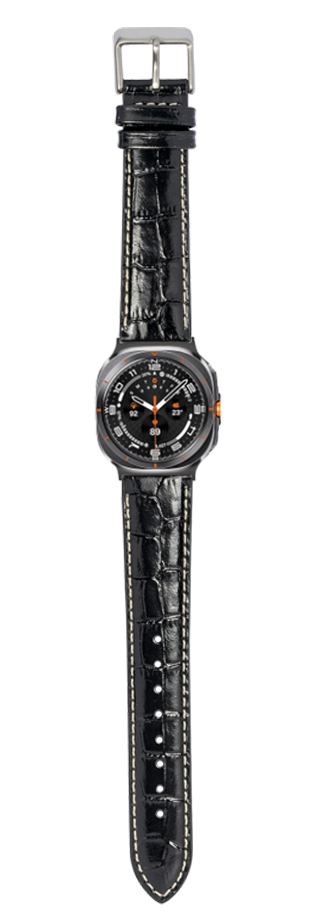 Black alligator leather watch strap with white stitching and silver buckle for Galaxy Watch 8/Ultra