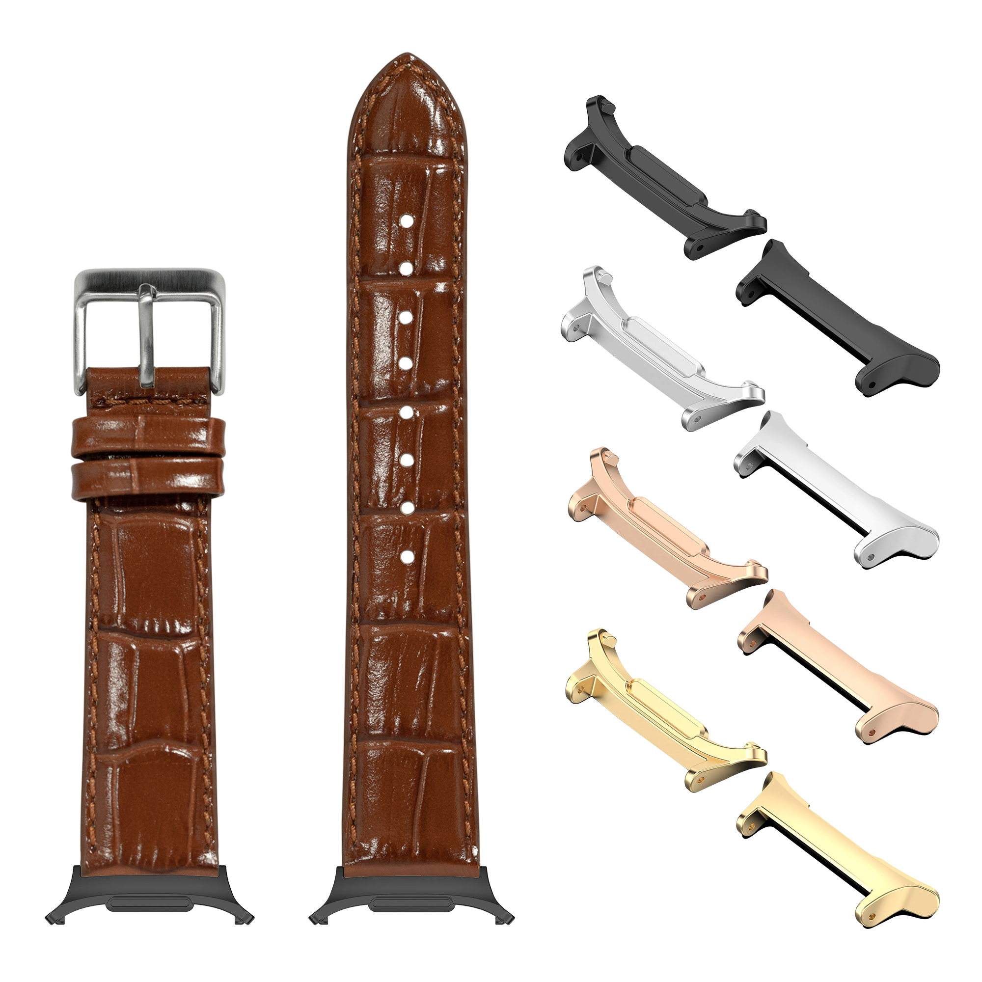 Brown alligator leather watch band with stainless steel buckle and interchangeable metal lugs in black, silver, rose gold and gold finishes