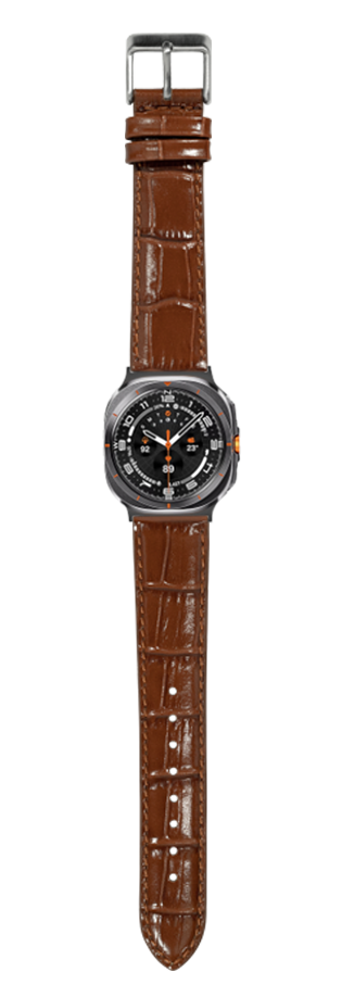 Brown alligator leather watch band with gunmetal case and black dial featuring orange accents and date window