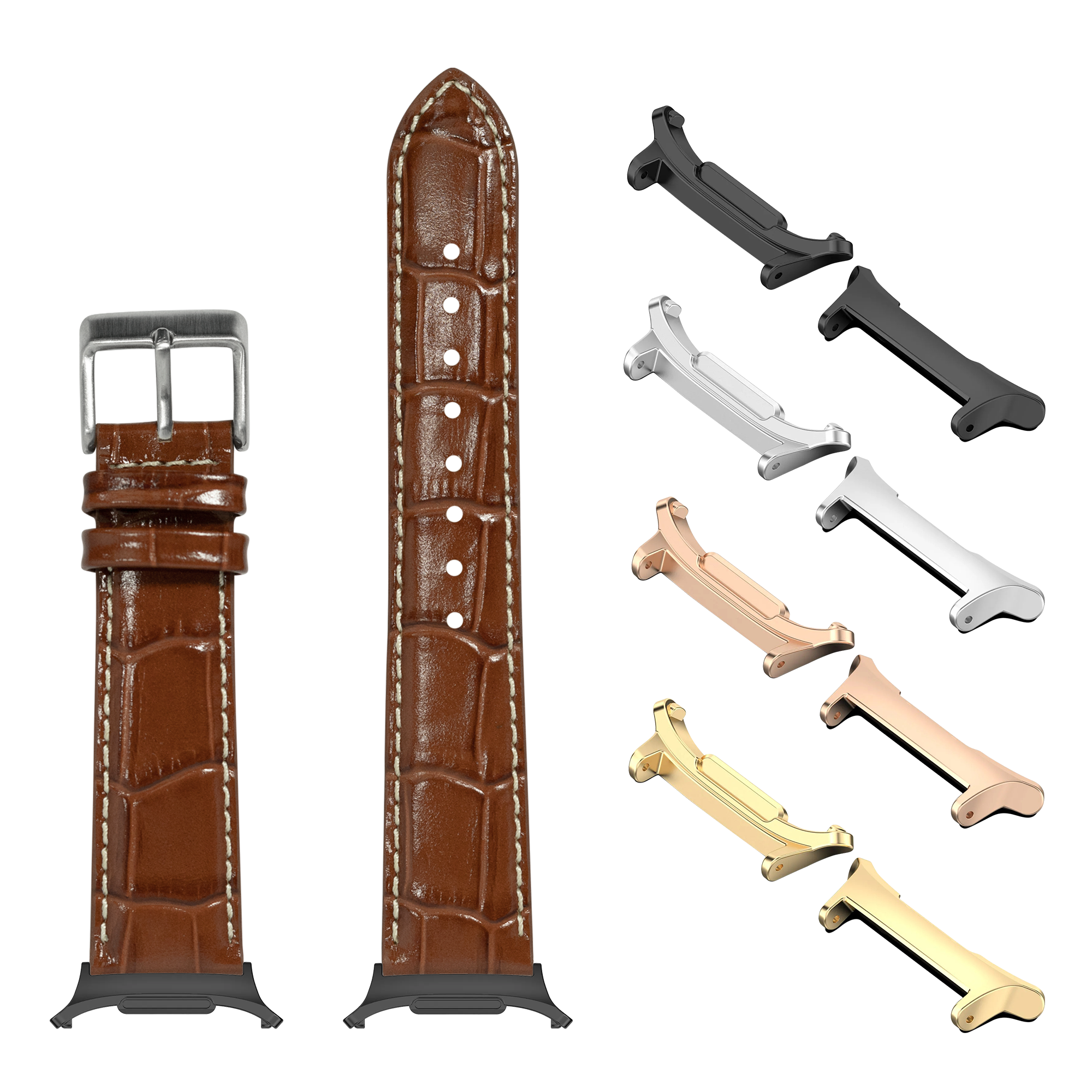 Brown alligator leather smartwatch band with contrast stitching, interchangeable metal lugs in silver, gold, rose gold, and black finishes