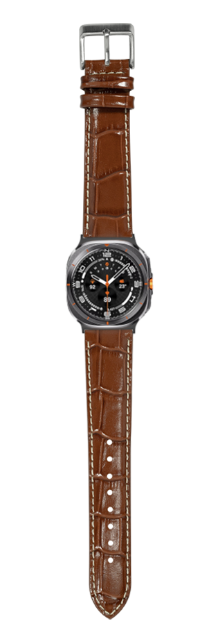 Brown alligator leather watch strap with contrast white stitching and silver buckle for Galaxy Watch