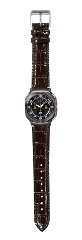 Dark brown alligator leather watch band with stainless steel buckle fitted on analog sports watch with black dial and orange accents