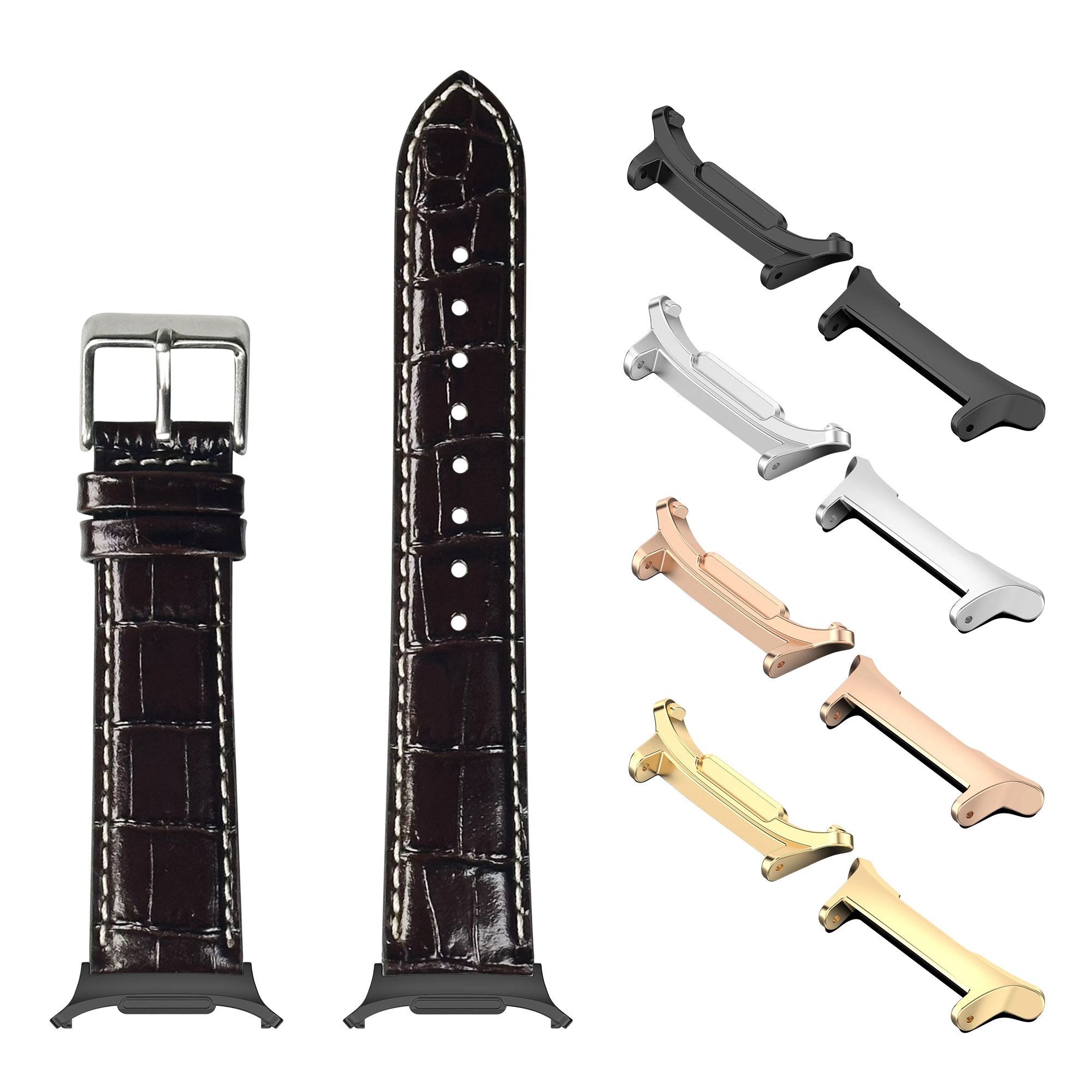 Alligator leather watch band dark brown with white stitching and interchangeable metal lugs in multiple finishes