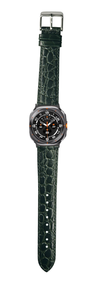 Dark green alligator leather watch band with silver buckle on sports watch with black dial and orange accents