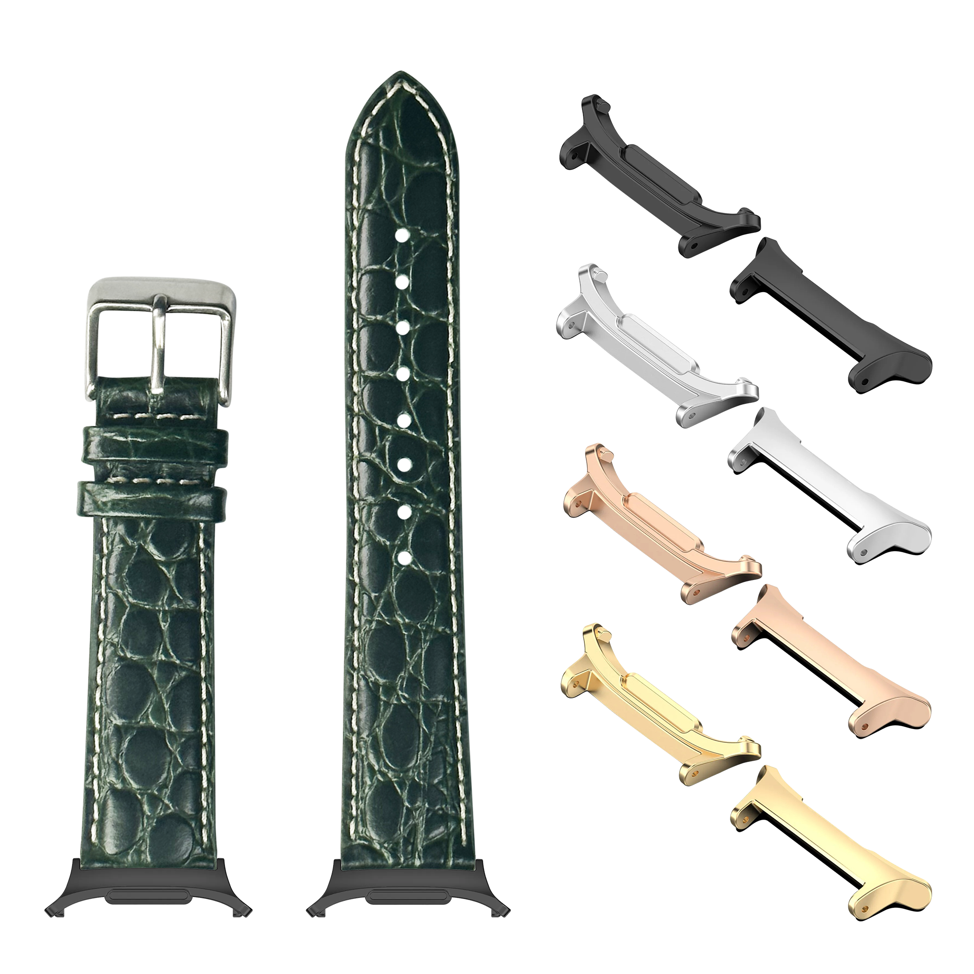 Dark green alligator leather watch band with white stitching and interchangeable metal lugs in multiple finishes for Galaxy Watch