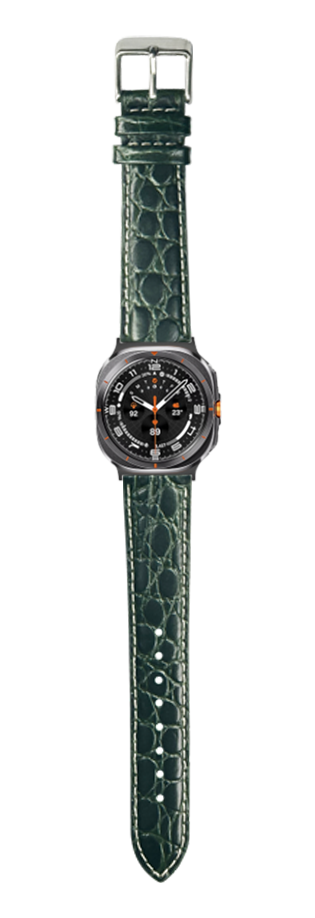 Dark green alligator leather watch band with white stitching and silver buckle for Galaxy Watch 8/Ultra