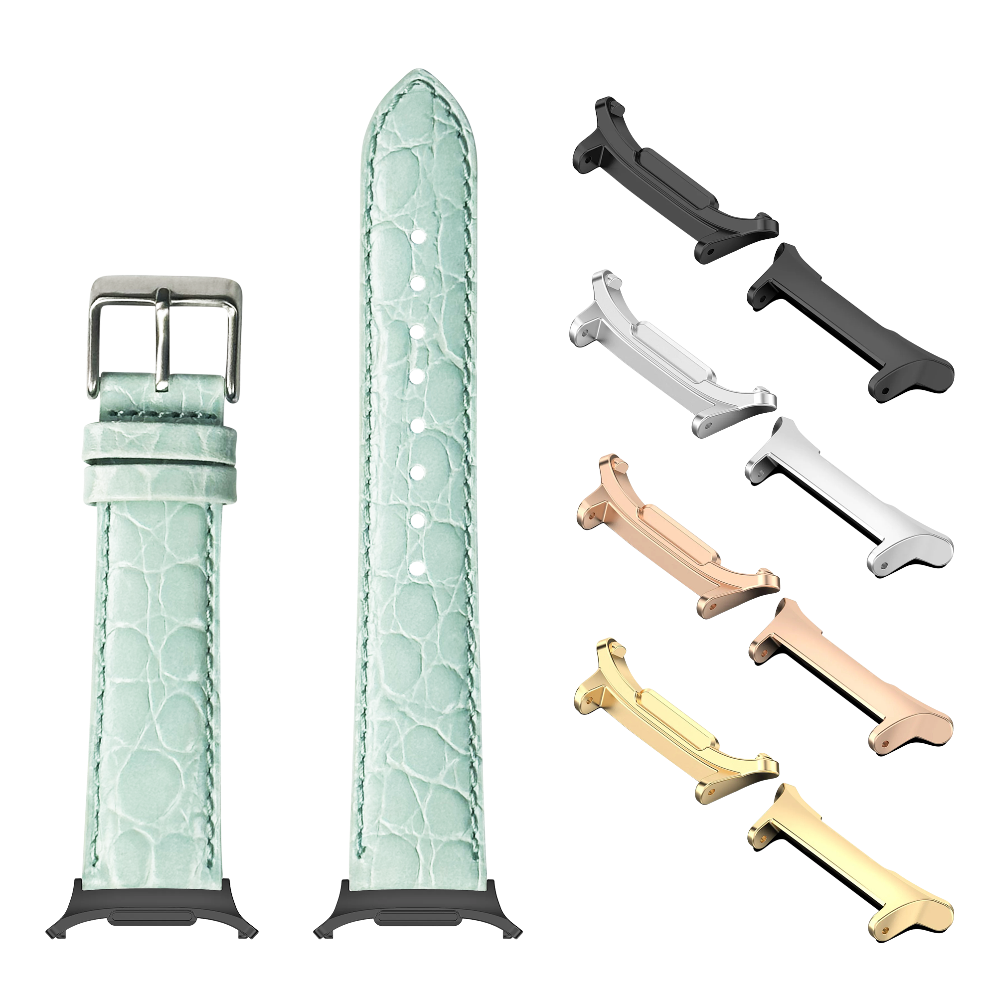 Light Tiffany blue alligator leather watch band with interchangeable metal adapters in silver, gold, rose gold, and black for Galaxy Watch 8 and Ultra