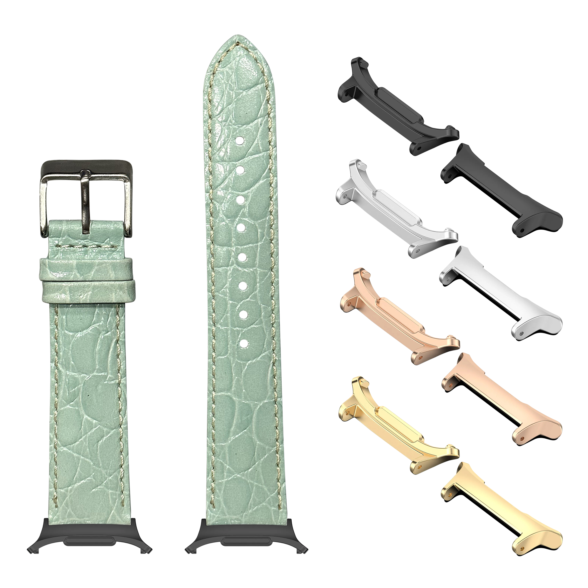 Light Tiffany blue alligator leather watch band with white stitching and interchangeable metal lugs in multiple finishes for Galaxy Watch 8 and Ultra
