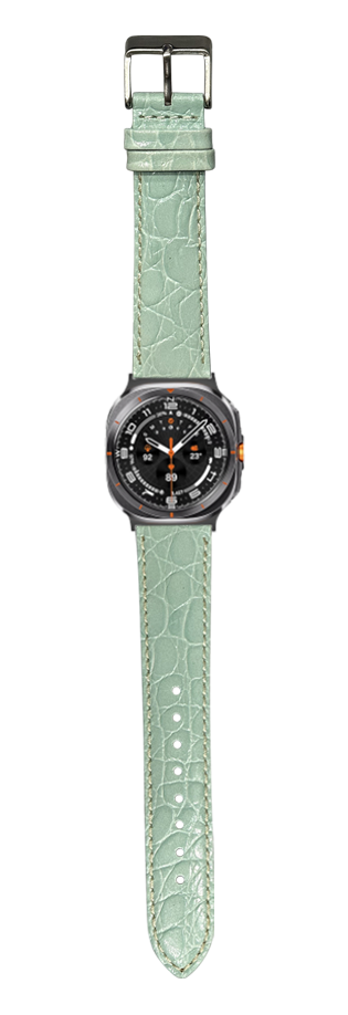 Smartwatch with black case and light tiffany blue alligator leather band featuring white stitching and metal buckle