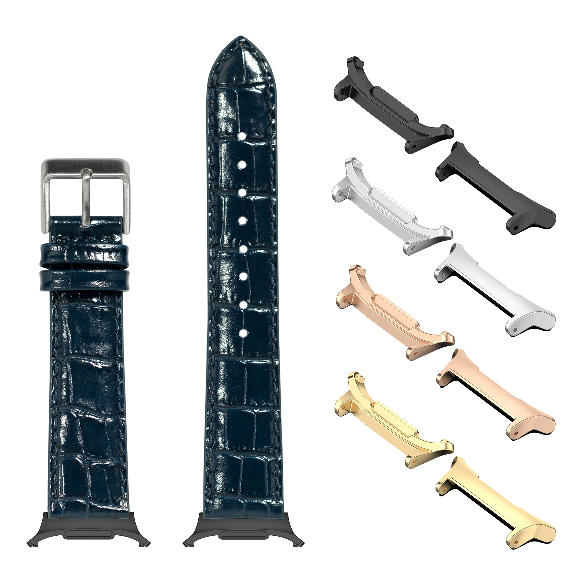 Navy blue alligator leather watch band with silver buckle and interchangeable metal lugs in multiple finishes for Galaxy Watch 8 Ultra