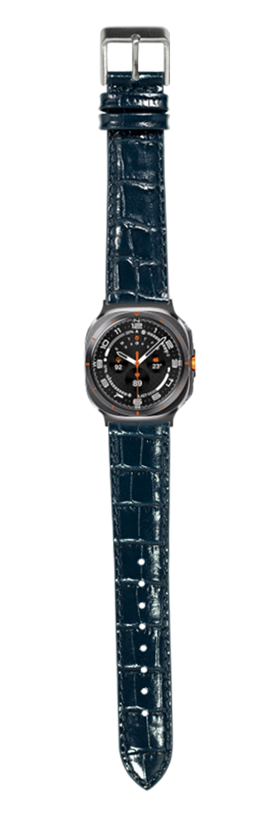 Men's sport watch with navy blue alligator leather strap, black dial, orange accents and steel case on white background