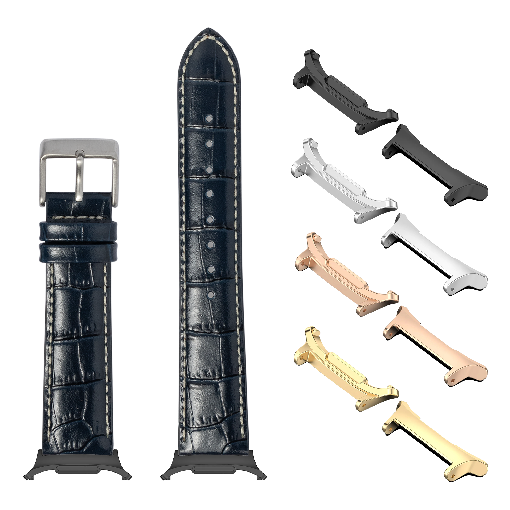 Galaxy Watch band alligator leather navy blue white stitching with metal buckle and interchangeable lugs in silver gold rose gold black