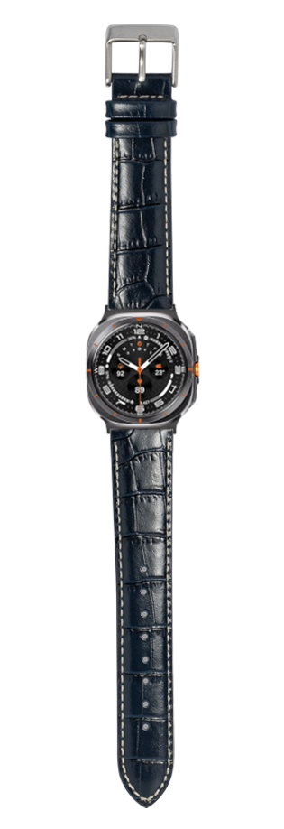 Navy blue alligator leather watch strap with white stitching and silver buckle for Galaxy Watch
