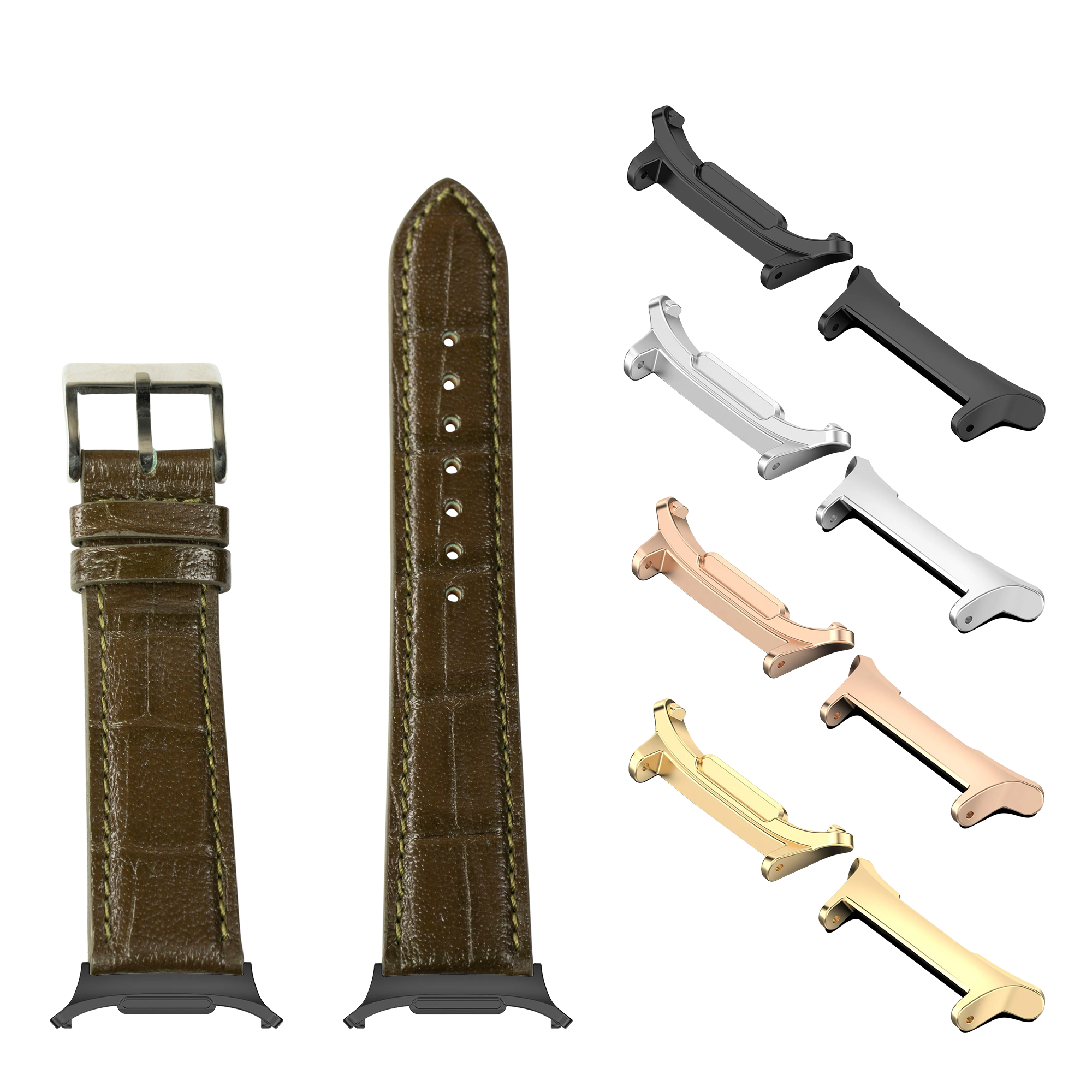 Olive green alligator leather watch band with interchangeable metal lugs in black, silver, rose gold, and gold finishes for Galaxy Watch 8 and Ultra