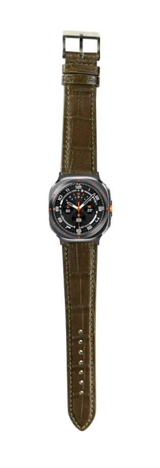 Olive green alligator leather watch band with gunmetal case and black dial featuring orange accents