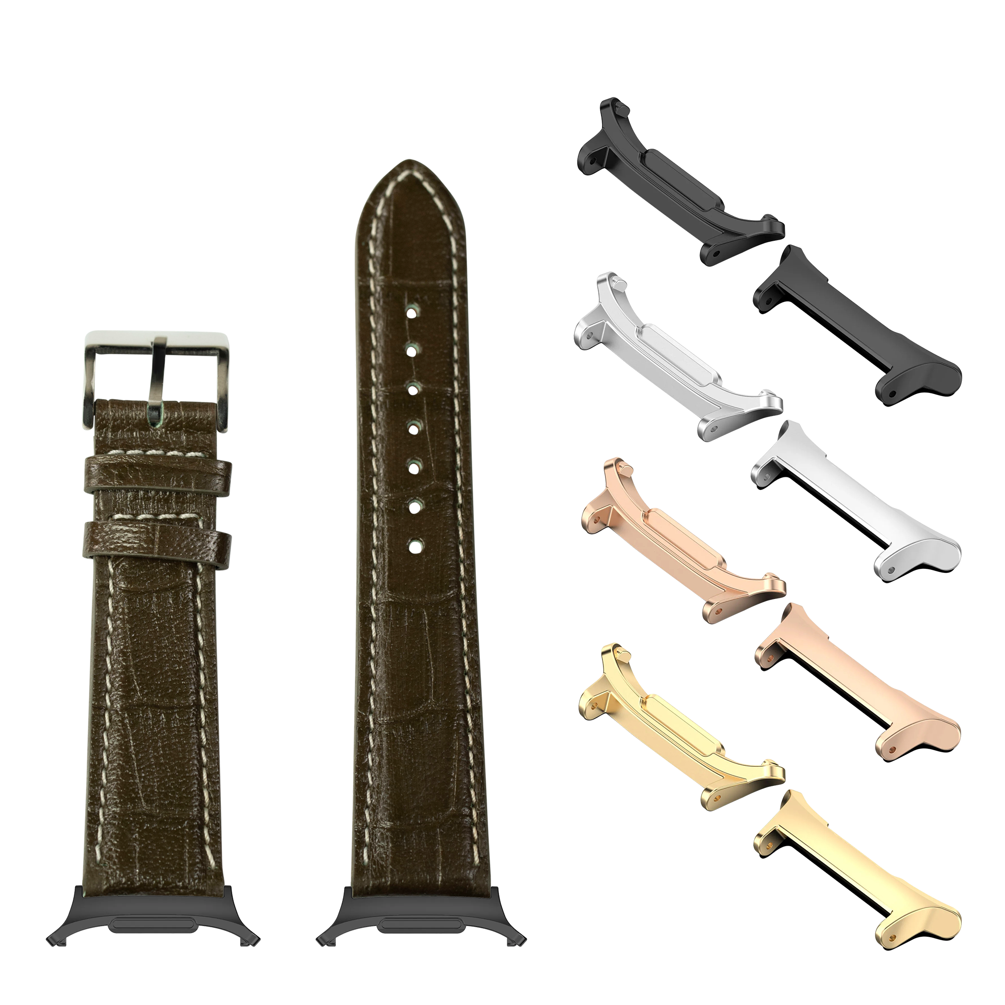 Olive green alligator leather watch band with contrast stitching and interchangeable metal case adapters in black, silver, rose gold, and gold finishes
