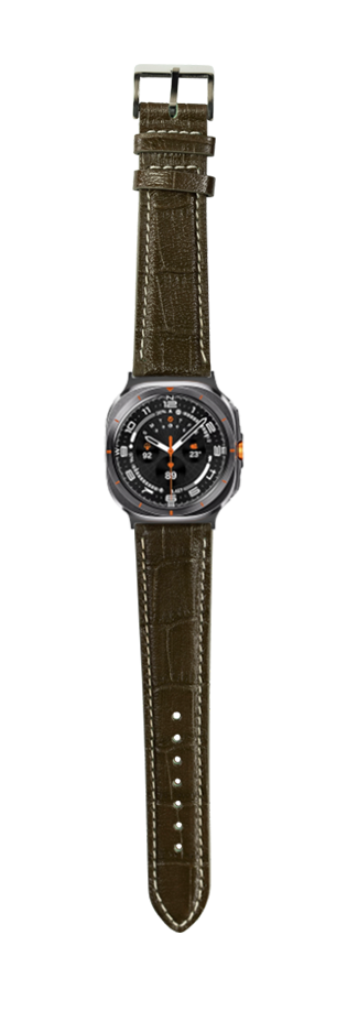 Olive green alligator leather watch band with contrast stitching and gunmetal buckle for Galaxy Watch 8 Ultra